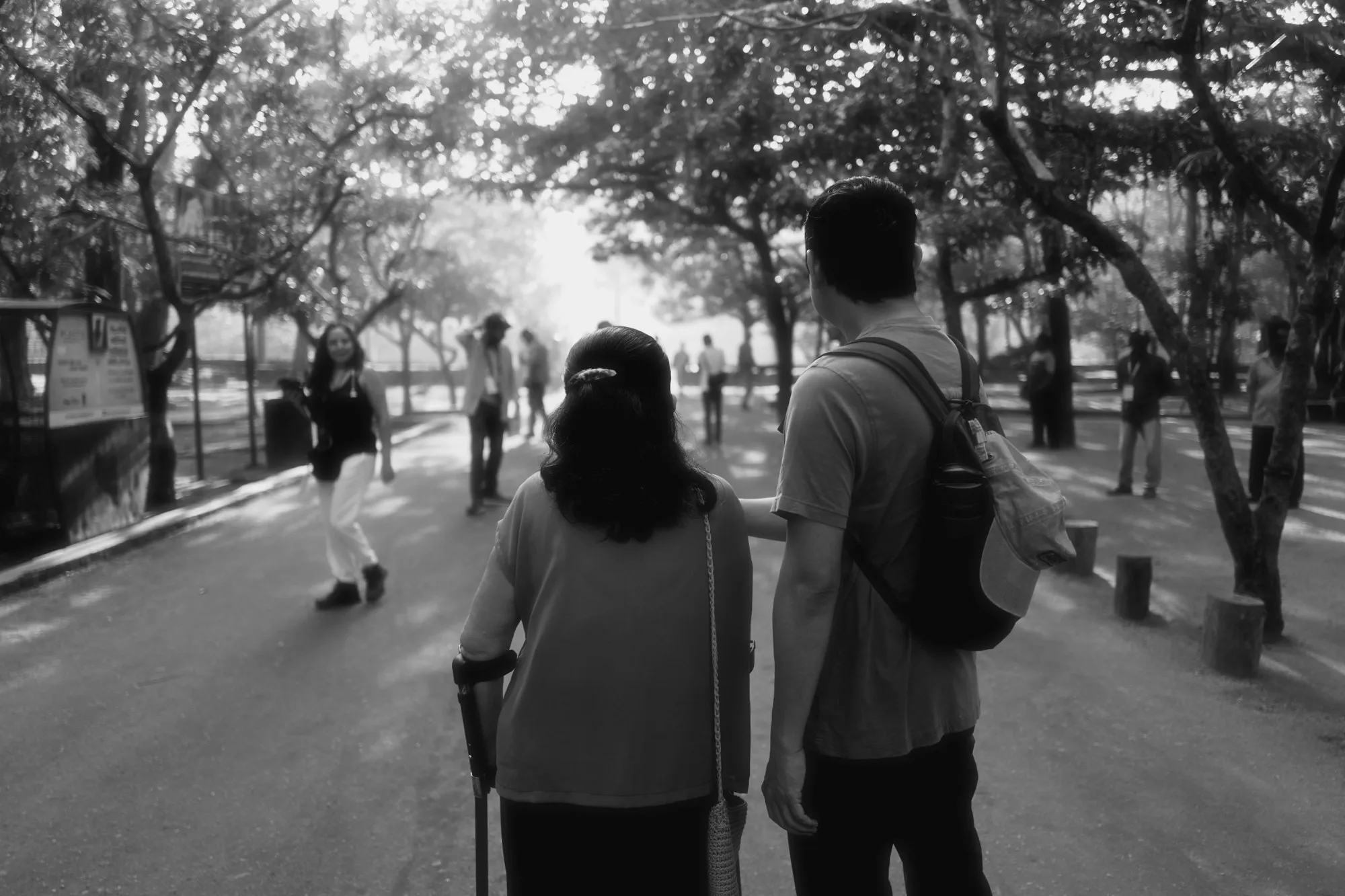A woman with a crutch and a man walking away along a tree-lined path, in black and white